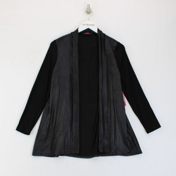 Vince Camuto Drape Front Faux Leather Cardigan in Rich Black - Picture 2 of 3